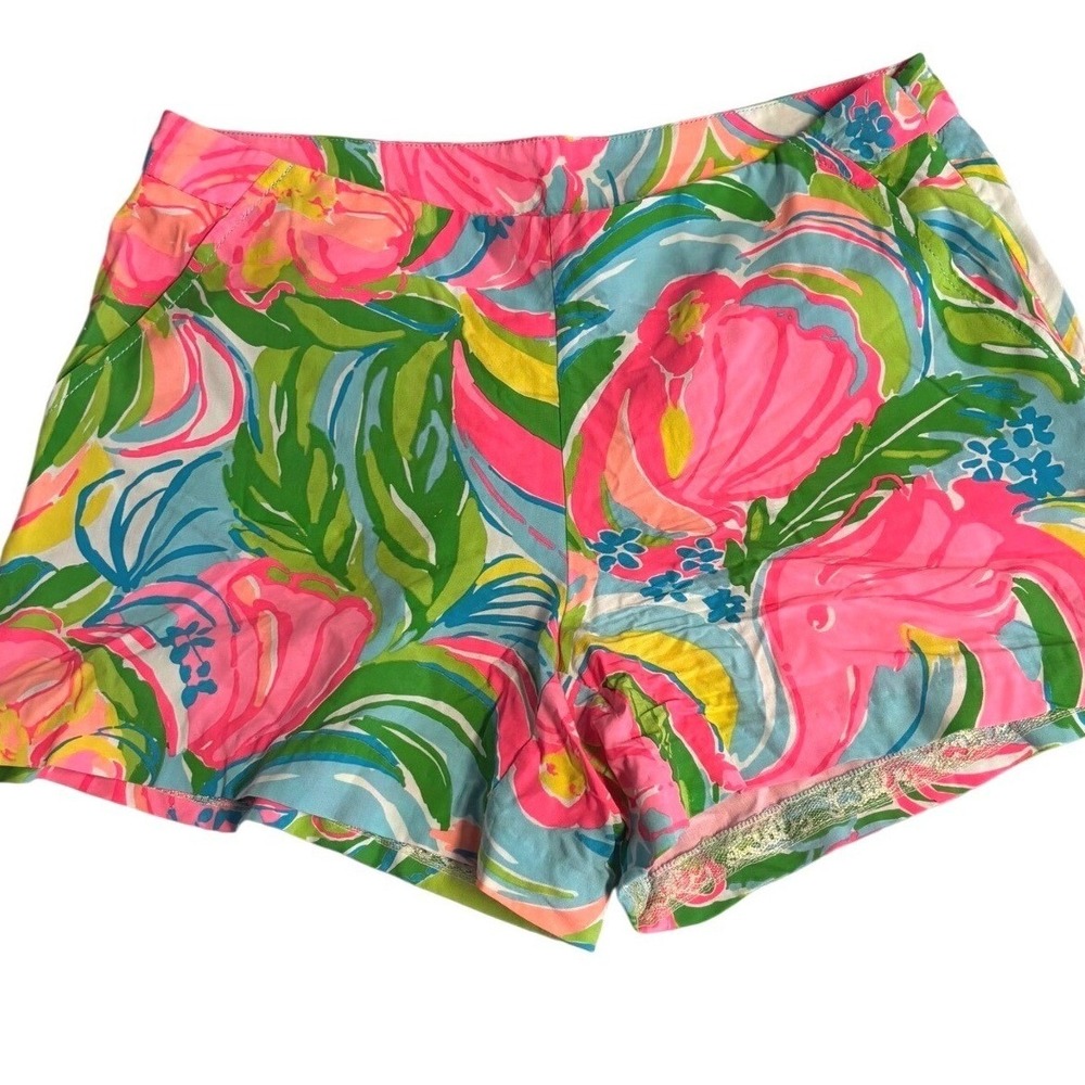 Lilly Pulitzer Women Pink Green Tropical Floral Rayon Flat Front Shorts Size 2